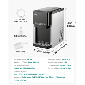 VEVOR Water Dispenser with Ice Maker, 3-in-1 Countertop Water Dispenser, 35 LBS/24H, 12 Cubes/7 Min Fast Ice Making with 4 LBS Storage, Bullet/Crushed Ices Cold-Water, for Home, Kitchen, Party