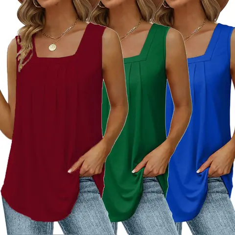 3 Pack Summer Tank Tops for Women Loose Fit Pleated Square Neck Sleeveless Tops Casual Womenswear Style Fitted
