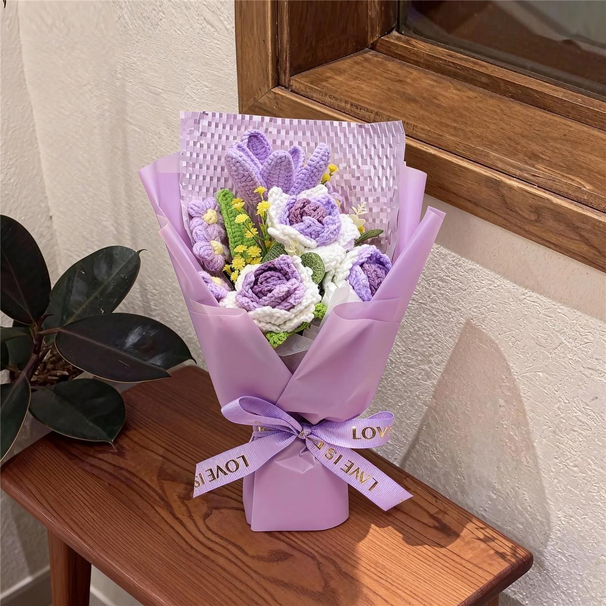 Mother's Day 1pc Handmade Knitted Rose & Lily Bouquet, Yarn Crochet Artificial Floral, Home Decoration, Perfect Gift for Christmas,  Valentine's Day, Birthday, Wedding and Anniversary