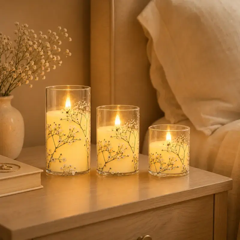 Set of 3 Floral Glass Flameless Candles , Decorative LED Pillar Candles with Warm Flickering Glow, Elegant Flower Design Candle Holders for Home Decor, Living Room, Bedroom, Dining Table & Wedding Centerpiece