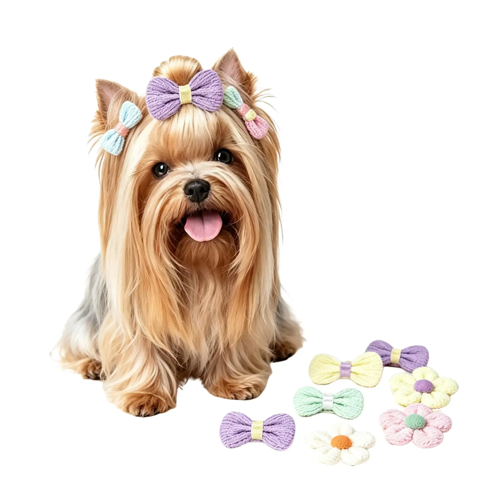Dog & Cat Satin Grooming Flower Bowknots - 5/10 Pcs Sets with Rubber Bands, Pet Hair Accessories for Fur Holding and Tidy Hair