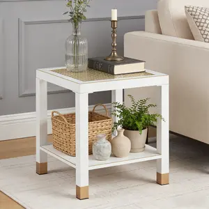 Mid Century Modern Square Glass End Table - 18" 2-Tier Side Table with Storage Shelf, White Metal Frame Gold Mesh Tempered Glass Top, Sturdy Accent End Table Nightstand for Living Room Bedroom, Easy to Assemble