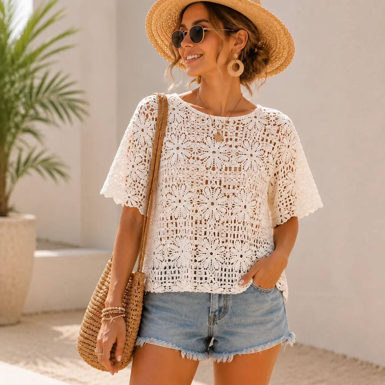 Ivory Floral Crochet Top - Lightweight Breathable Hollow Out Design, Relaxed Loose Fit, Soft Texture, One Size Fits Most, Easy to Match
