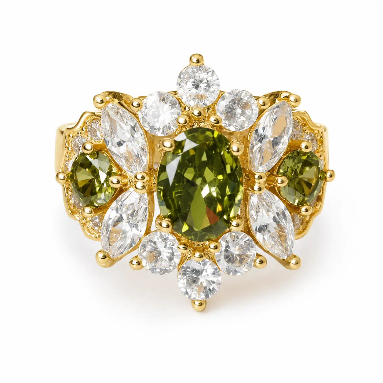 Glamorous Adjustable Green Colored Crystal Cocktail Ring - Gold-Tone Copper Oval CZ Sparkle Cluster Crystal Statement Ring for Anniversary Gifts, Colored Crystal Rings