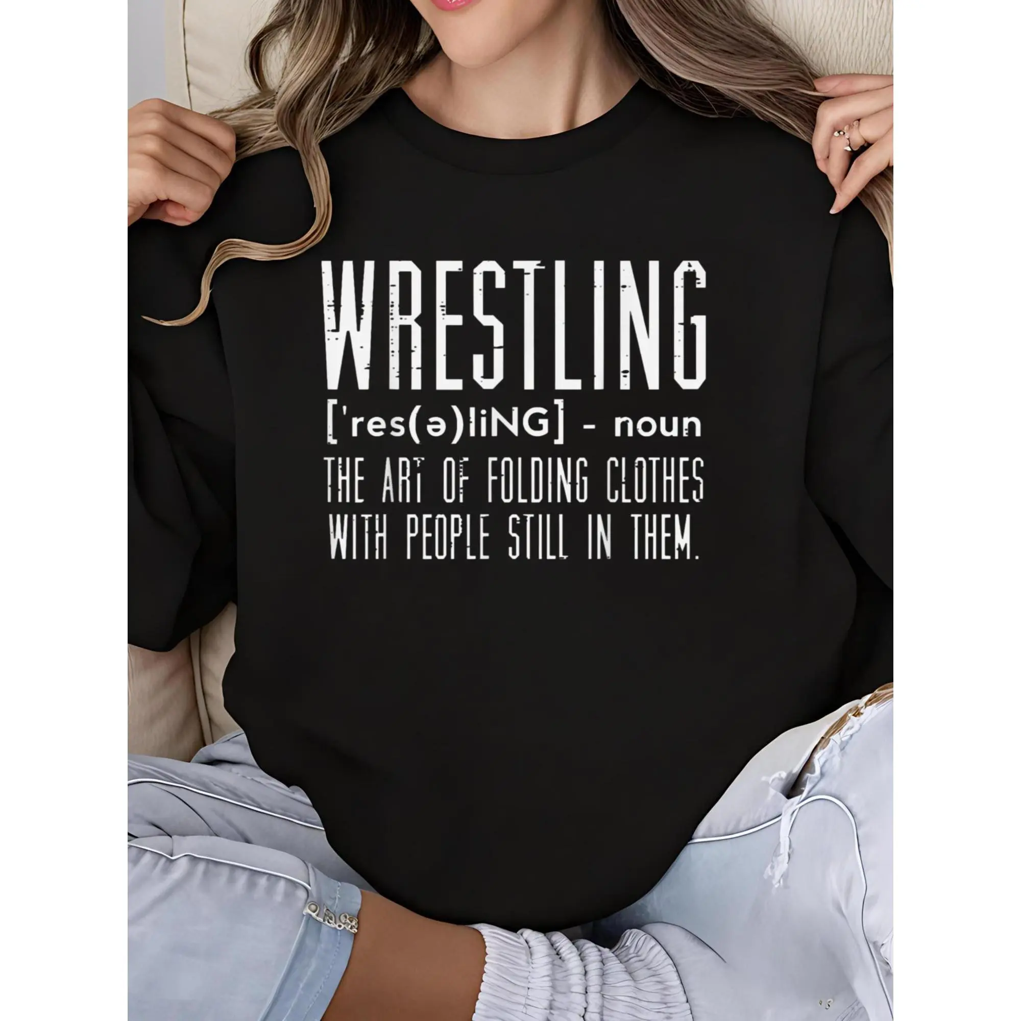 Women's Fitted Graphic Crewneck Long Sleeve Sweatshirt - Funny Wrestling Definition Print, Round Neck Tops, Casual Soft Comfortable Streetwear Gift Idea, Graphic Crewneck Sweater, Wrestling Print, Funny Graphic