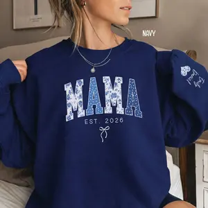Personalized This Mama Wears Her Heart On Her Sleeve Sweatshirt, Custom Mom With Kids Names Shirts, Motherhood Gift, Mother's Day Gifts