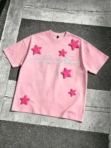 Stars Embroidered Patch Round Neck T-Shirt, 'god Blessed' Text Print, Street Style Y2K Streetwear Aesthetic, Unisex Short Sleeve, Loose-Fitting, Long Length