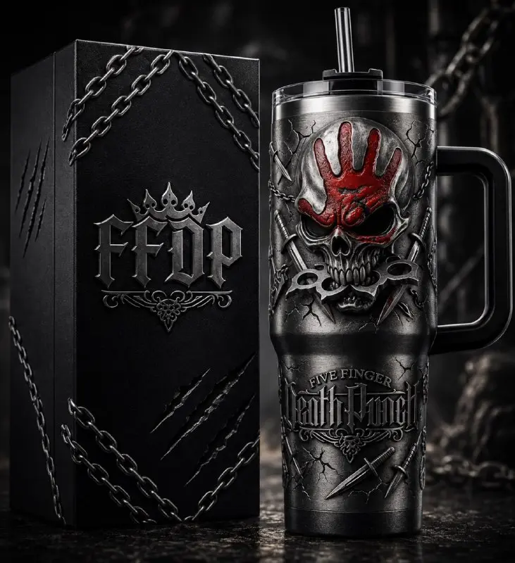 FFDP Five Finger Death Punch 40oz Tumbler | Stainless Steel Insulated Cup with Handle & Straw - Skull Dragon Skull Tumbler Five Finger Death Punch