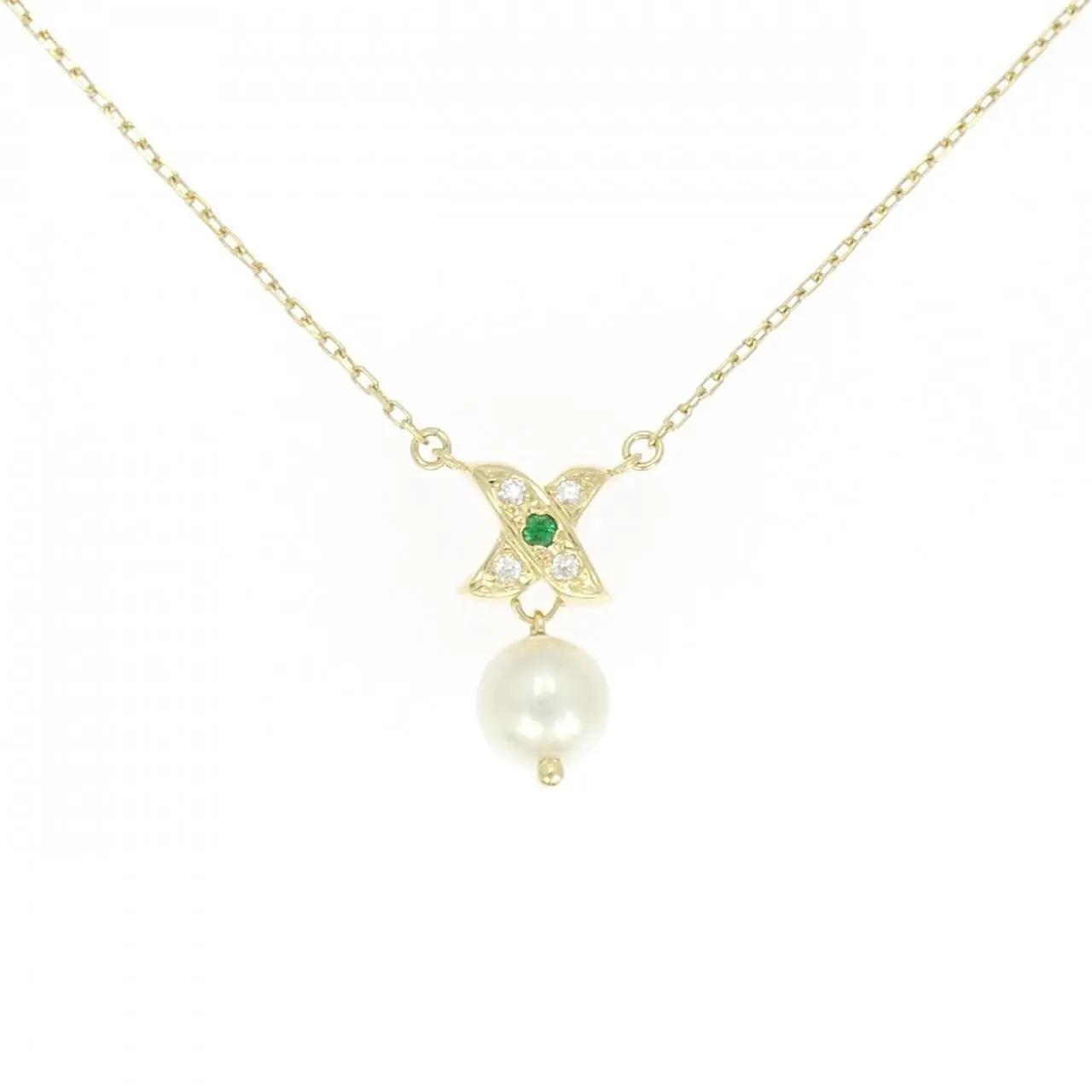 Mikimoto Au750 Akoya Pearl Emerald Diamond Necklace