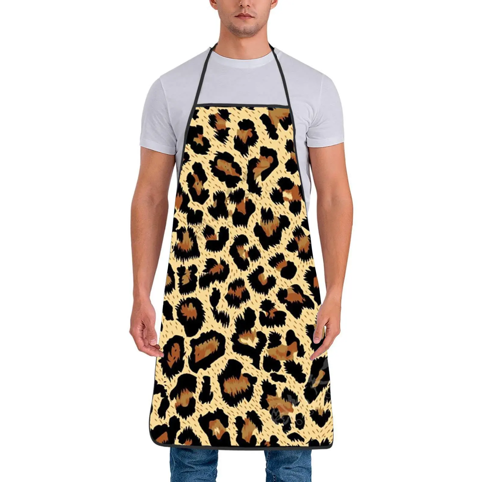 Leopard Print Apron, Fashionable Apron for Cooking, BBQ, Party, Durable Polyester Apron, Kitchen Accessories, Household Apron