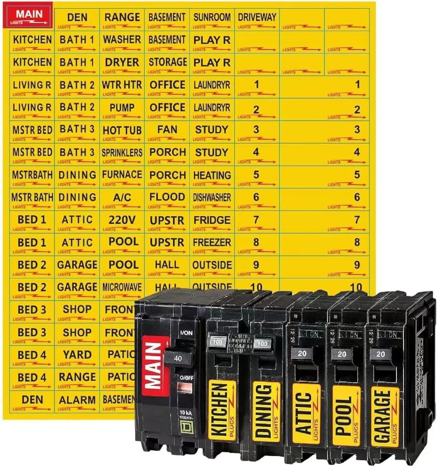 129 Circuit Breaker Labels - Fuse Box Stickers - 15 amp 20 amp (Yellow)
