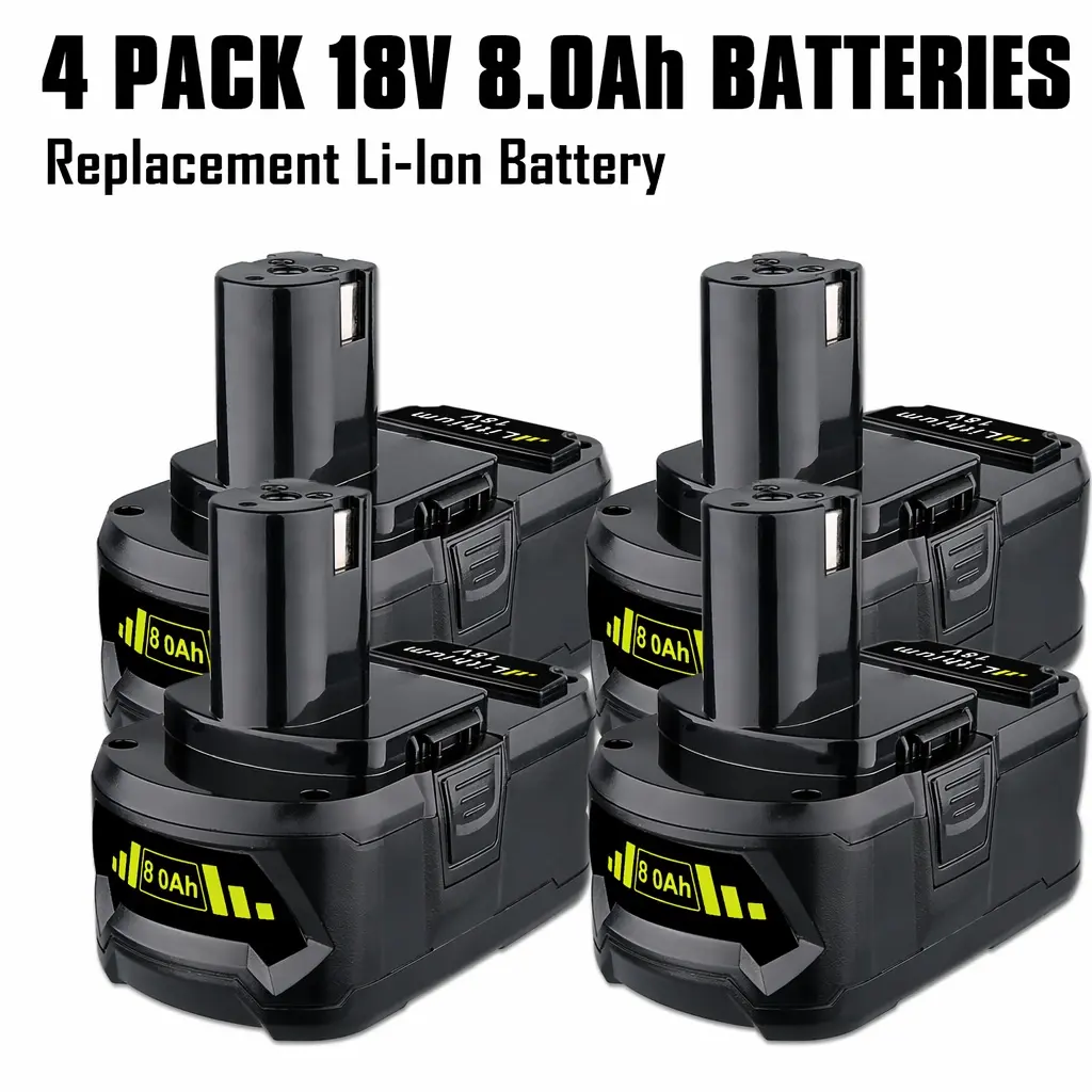 4-Pack Rechargeable High-Capacity 18V 8000mAh (8.0Ah) Lithium Replacement Battery Pack for Ryobi P108 Power Tools, Ideal for Long Projects, Rechargeable Battery, Compatible