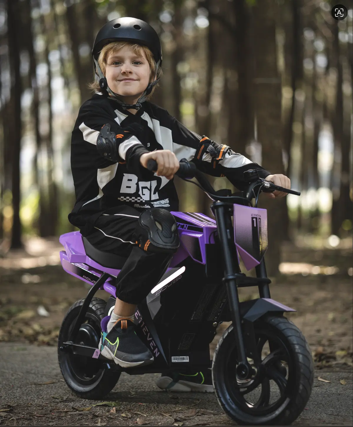 MotoTec Blaze Kids' E-Bike with Ride on Wheels, 10 mi Max Range, 10 mph Max Speed, Purple/Black, Front-Rear Suspension, Variable Full Twist Throttle, 100% Financing Available