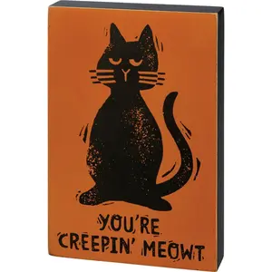 Primitives by Kathy Black Cat You're Creepin Meowt Block Sign Halloween Wood Decoration Wall-mounted Wooden Modern