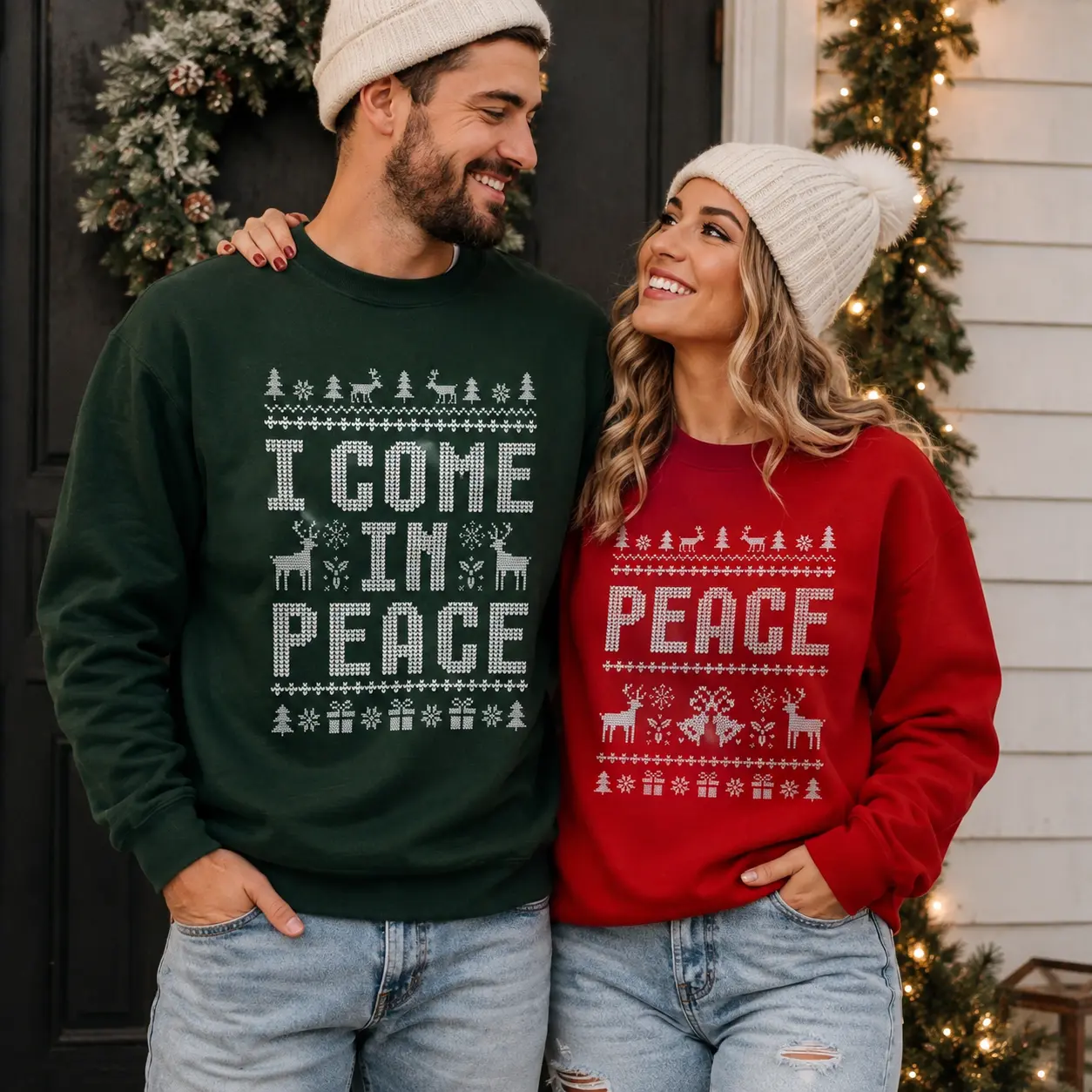 Christmas Couple Sweatshirt, I Come in Peace Funny Holiday Crewneck, Matching Christmas Sweaters for Men Women, Ugly Christmas Sweater, Xmas Gift for Couples – DarkFlex