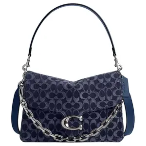 Coach Tabby 30 Denim Shoulder Bag with Silver Logo and Detachable Strap for Women