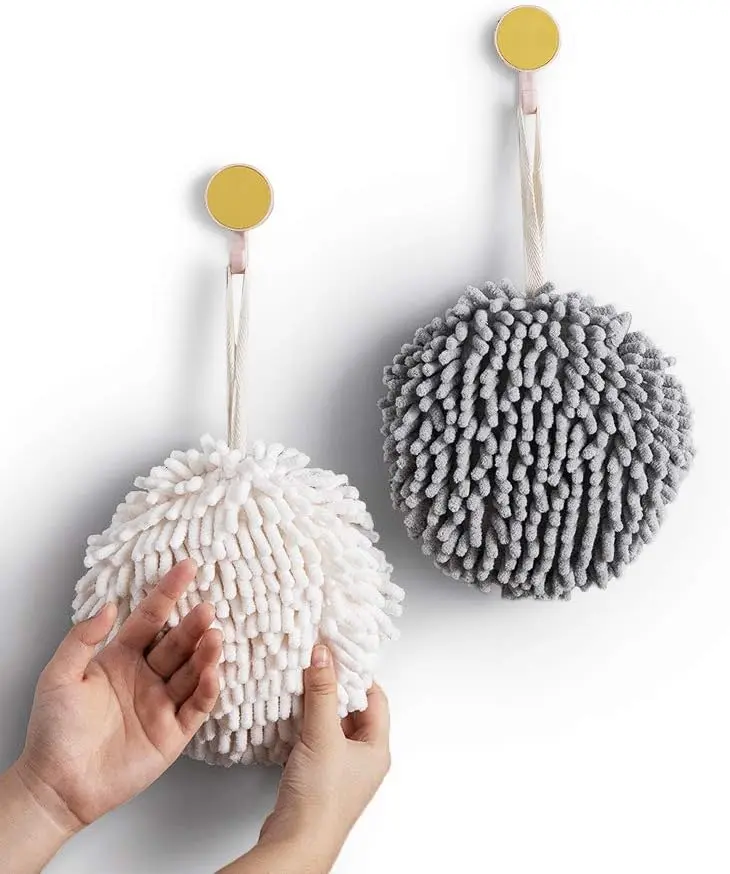 Fuzzy Ball Towel (Set of 2) White and Gray - Dry Your Hand Instantly conveniently with This Creative Bath Towel Set Decorative Towels for Bathroom (Pack of 2)