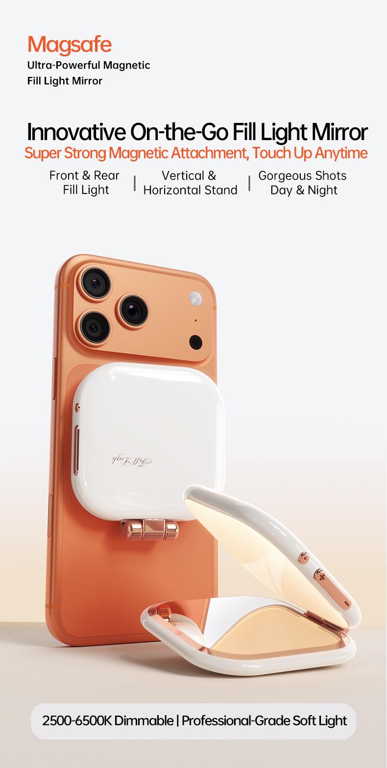 Professional Magnetic Fill Light Mirror, 49 LEDs, Front/Rear 360° Fill, 3 CCT (Warm/Natural/White), Vert/Horiz Stand, Long Battery, Portable Selfie Mirror w/ Universal Joint for Makeup, Vlog, Food Photo