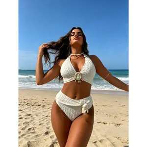 Women's 2-Piece Crinkle Fabric Swimsuit Set - Halter V-Neck Top with Shell Buckle, Adjustable Neck, High-Waisted Tummy Control Side-Tie Bottoms, Flattering Boho Cut, 2026 Summer Bathing Suit, Swimsuits