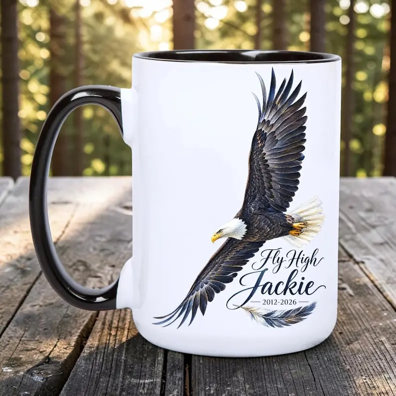 Fly High Jackie 2012-2026 Memorial Mug, Bald Eagle Tribute Coffee Cup, Remembrance Gift for Family and Friends
