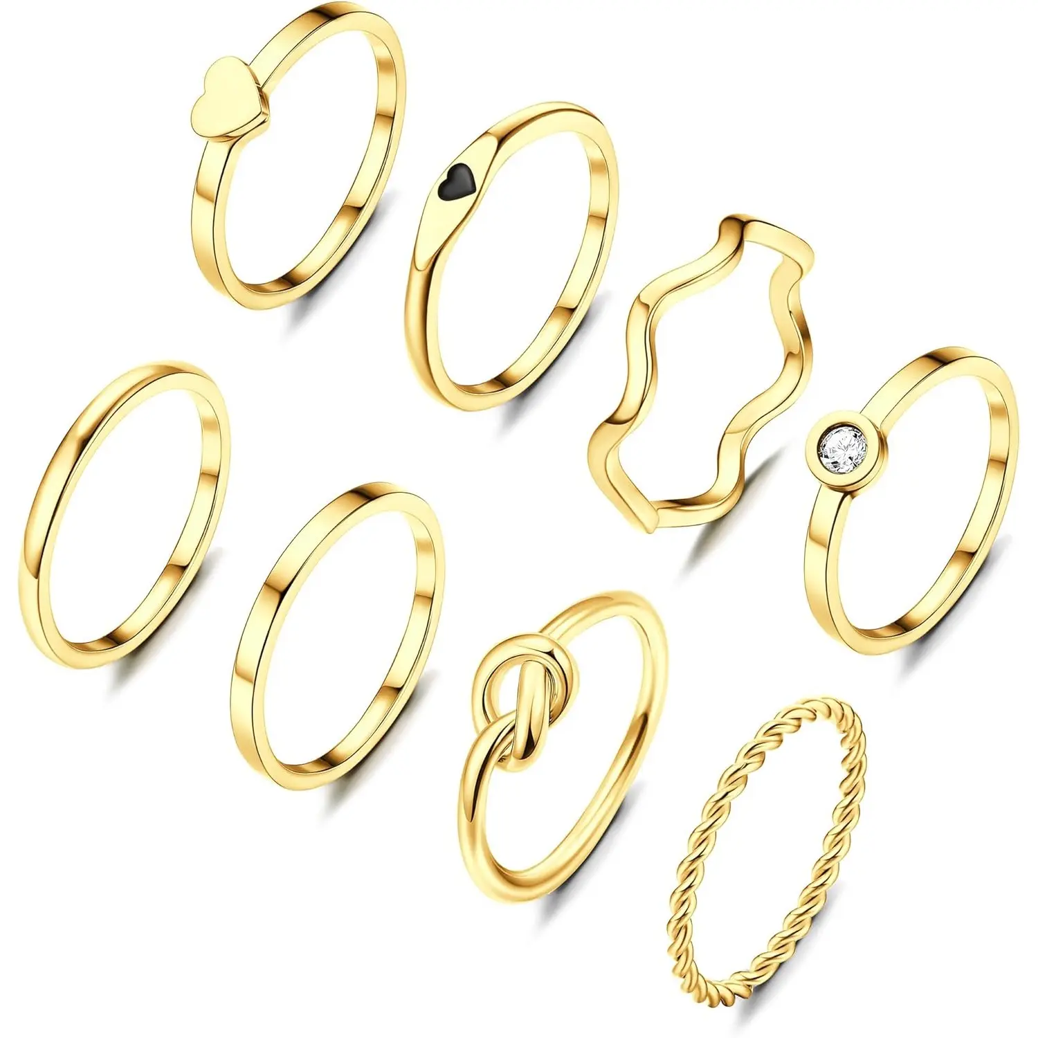 YADOCA 8pcs 2MM Stainless Steel Rings for Women Men Gold Plated Stacking Rings Fashion Simple Plain Knuckle Stacking Midi Thumb Dainty Thin Heart Knot Stackable Statement Band Rings Set Size 5-11
