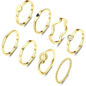 YADOCA 8pcs 2MM Stainless Steel Rings for Women Men Gold Plated Stacking Rings Fashion Simple Plain Knuckle Stacking Midi Thumb Dainty Thin Heart Knot Stackable Statement Band Rings Set Size 5-11