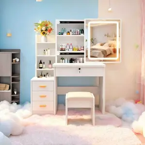 Modern White Makeup Vanity Set with 3-Color LED Light Sliding Mirror, 4 Drawers, 1 Shelf & Makeup Stool, Compact Apartment Furniture for Girls’ Bedrooms, Mother’s Day Gift tiktokshopspringglowup