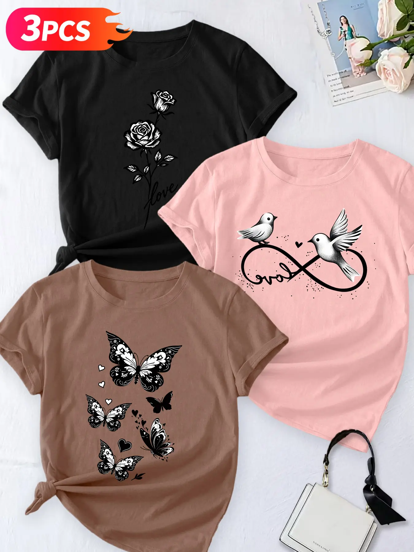 Women's 3-Pack Casual Short Sleeve Crew Neck T-Shirt, Cartoon Cat/Lazy Dog/Cute Koala Pet Print Set, Multiple Colors, Machine Washable, Spring & Summer Top, Soft Skin-Friendly Fabric, Daily Wear, Fashion Design, Womenswear