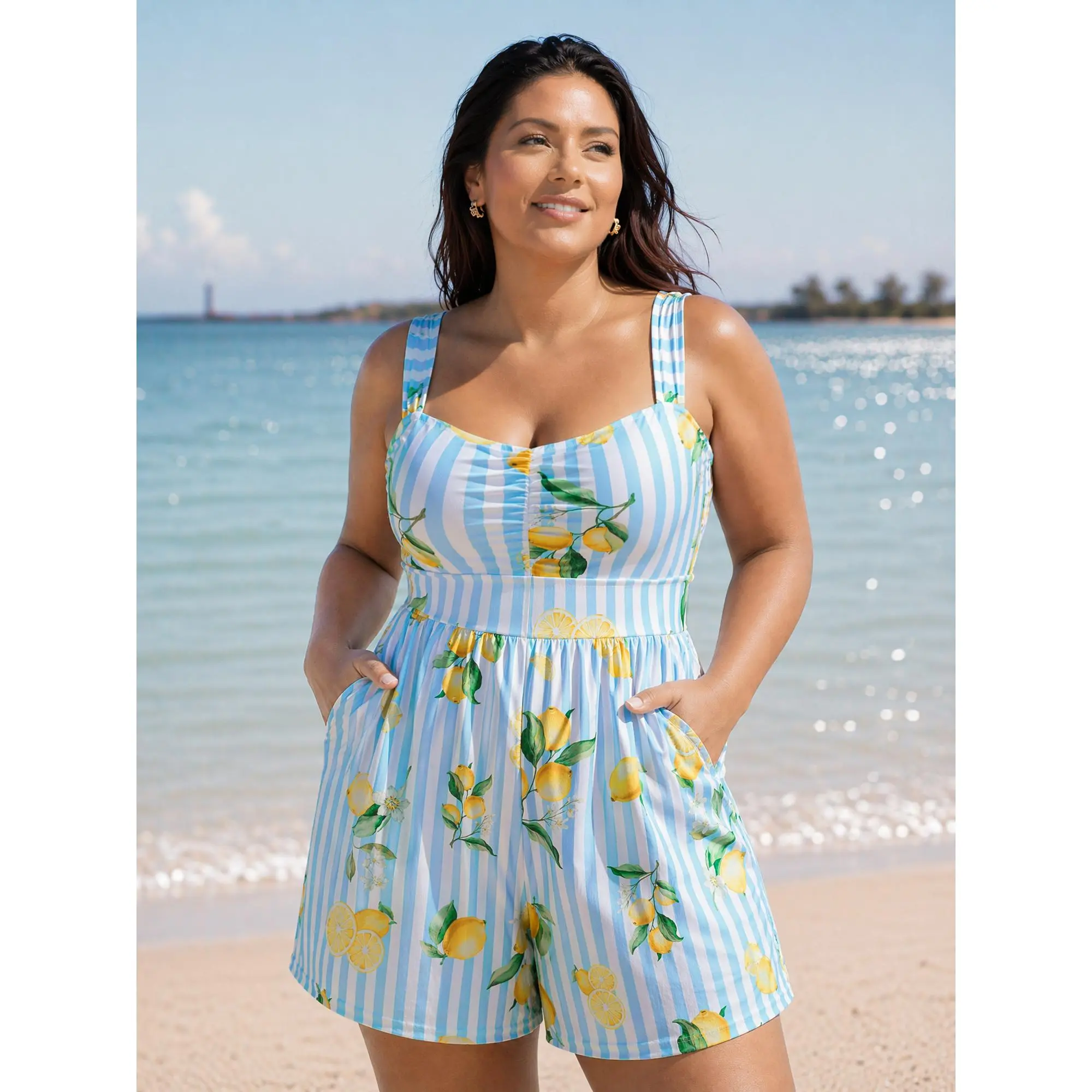 BloomChic Plus Size Sleeveless Swimsuit Romper with Lemon Stripe Print, Chlorine-Resistant Polyester Beach Wear, Hip-Flattering with Pockets, Sleeveless Swimsuits, Fashion Swimwear, Swimsuit For Beach