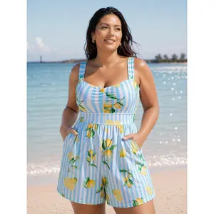 BloomChic Plus Size Lemon Stripe Print Swim Romper, Hip-Flattering Tunic Style with Chlorine Resistant Stretch Fabric and Pockets