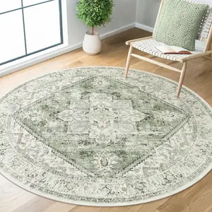 Vintage Round Area Rug Washable Sage Green Circle Rug for Bedroom, Low-Pile Soft Round Carpet for Living Room, Ideal for High Traffic Areas in Entryway