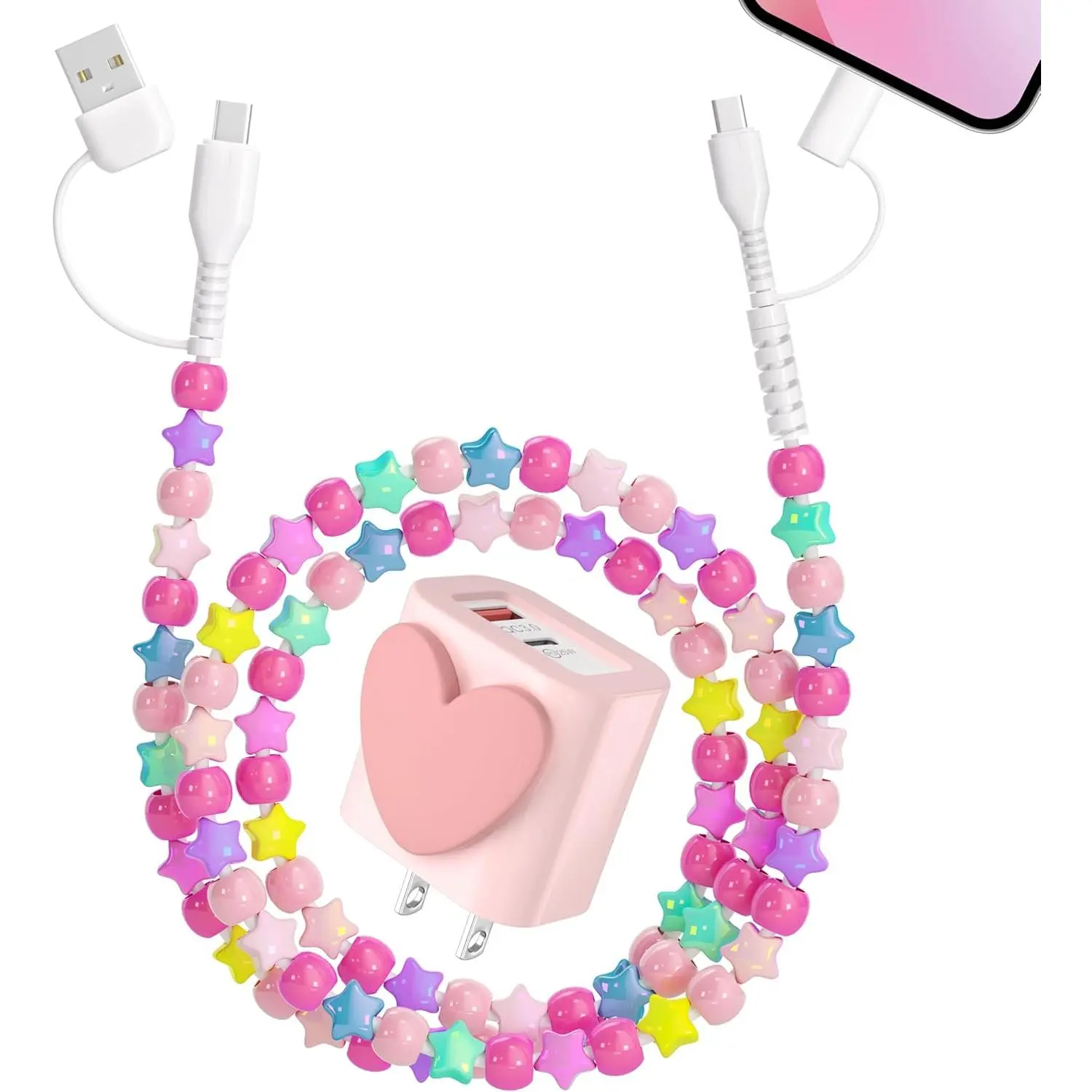 4 in 1 USB C  Beaded Multi for  17 Charger Cord 2 in 1 USB A USB C Charger Block 25W Cute Type C   Blocks with Case for  16 15 Pro Max Girl 3.3FT Colorful Stars