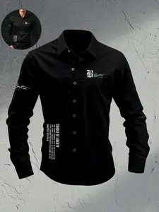 Men's Slim Fit 4-Way Stretch Black Button-Down Long Sleeve Collared Shirt | Premium Breathable Fabric | Boston Graphic Print | Wrinkle-Resistant Dress Shirt for Office, Date Night & Casual Streetwear | Menswear Tops