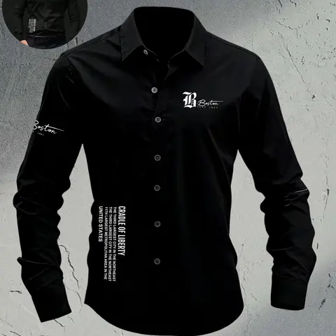 Men's Slim Fit 4-Way Stretch Black Button-Down Long Sleeve Collared Shirt | Premium Breathable Fabric | Boston Graphic Print | Wrinkle-Resistant Dress Shirt for Office, Date Night & Casual Streetwear | Menswear Tops | Graphic Printed Shirt