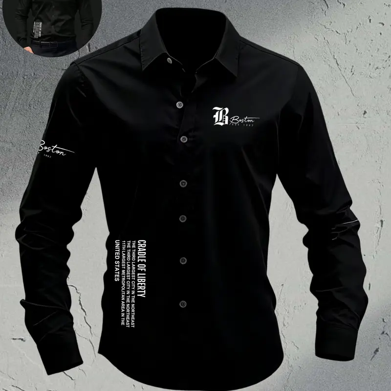 Men's Slim Fit 4-Way Stretch Black Button-Down Long Sleeve Collared Shirt | Premium Breathable Fabric | Boston Graphic Print | Wrinkle-Resistant Dress Shirt for Office, Date Night & Casual Streetwear | Menswear Tops | Graphic Printed Shirt