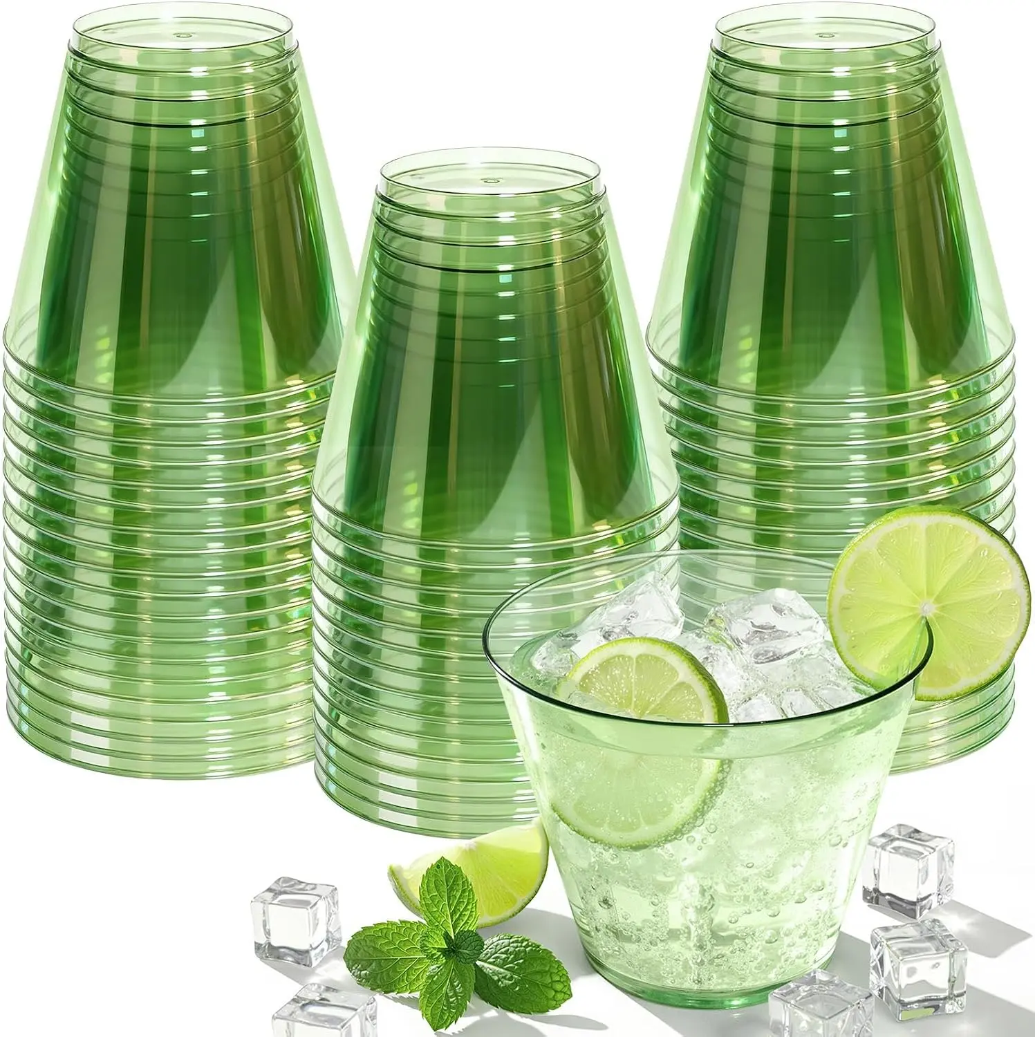 Glowserve 9 OZ Green Disposable Plastic Cups Cocktail Cup 50 Pack | Fancy Cocktail Cup,Stemless Wine Glass,Wedding Wine Glasses,Graduation Birthday,Party Essentials