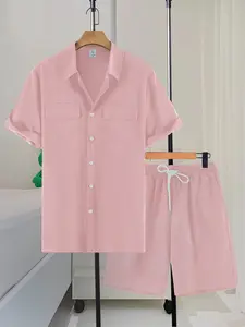 Men's Pink Utility 2-Piece Casual Set - Short Sleeve Chest Pocket Shirt & Matching Drawstring Shorts, Lightweight Breathable Fabric, Loose Relaxed Fit for Weekend Outings, Street Style & Casual Daily Wear Clothes