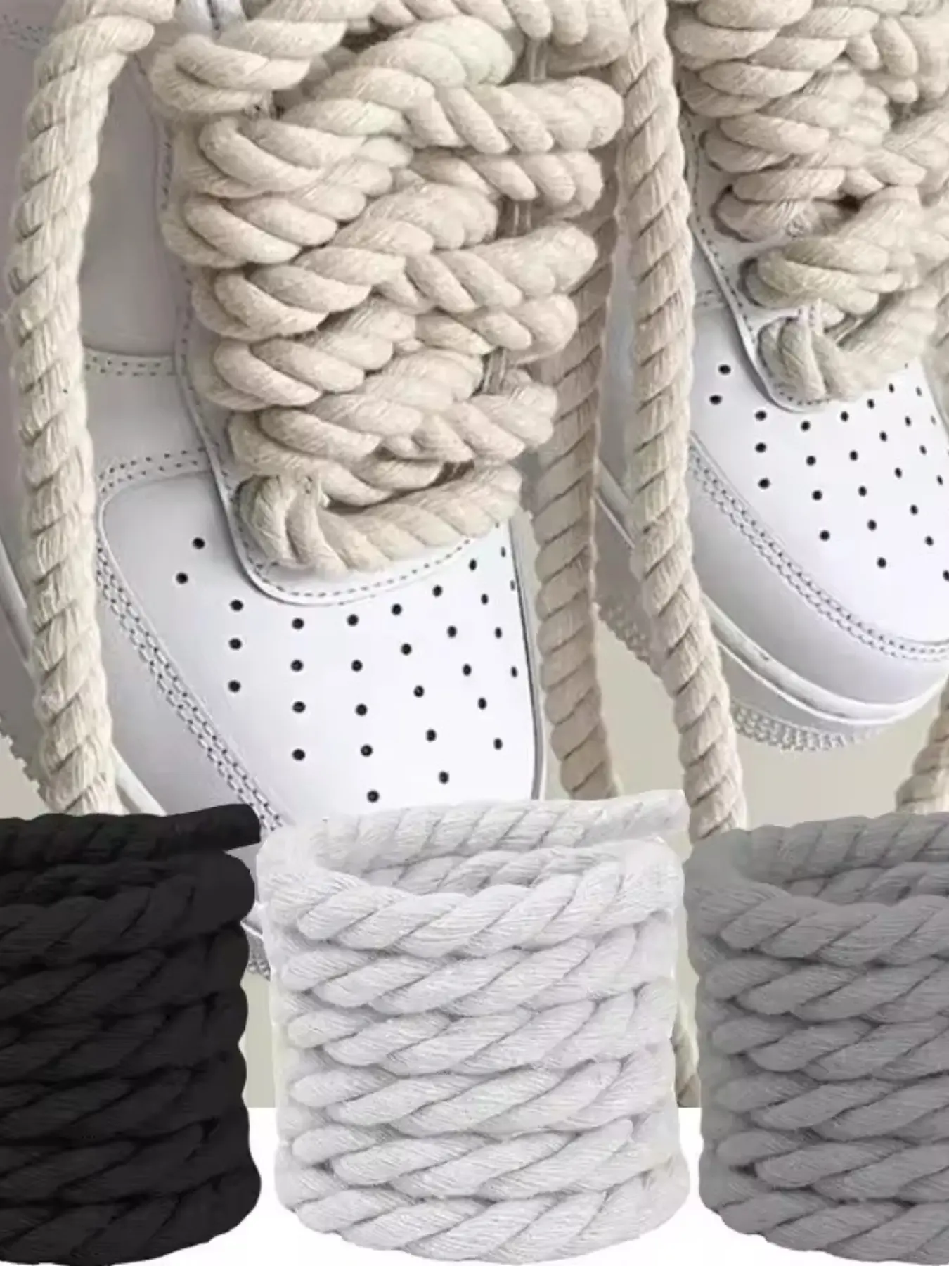 Pair of 8mm Three-Strand Cotton Rope Colorful Thickened Knotted Shoelaces, Casual, Party Style, All Seasons, Plain Pattern, Non-Toxic, Lace Up Laces, Shoe Laces For Sneakers, Shoe Strings For Sneakers