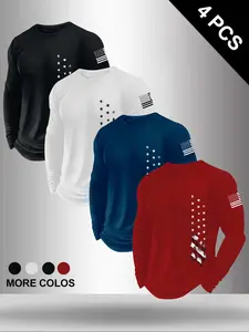 Men's Classic 4-Piece Set Letter Flag Graphic Print Casual Long Sleeve Crewneck T-Shirts, Fitted Spring & Fall Tops, Moderate Knit Fabric, H Type Silhouette, Menswear