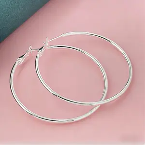 Solid 925 Sterling Silver Plated Large Hoop Earrings for Women, Polished Classic Smooth Round Click-Top Hoop Earrings, Hypoallergenic Lightweight Everyday Wear Jewelry, Perfect Valentine's Day, Birthday, Anniversary, Mother's Day Gift for Her