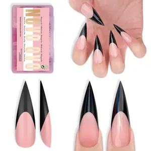 NOVO OVO Black French Tip Long XL Sharp Stiletto Nail Tips Press on BABY PINK, Soft Gel Double Matte Fake Nail Extension, Full Cover False Nails for Acrylic DIY x 16 Sizes 160 pcs【NO GLUE ,TOP COATAND LAMP INCLUDED】