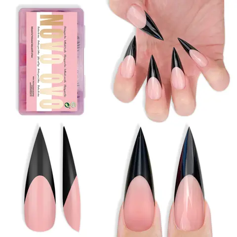 NOVO OVO Black French Tip Long XL Sharp Stiletto Press-On Nails - Baby Pink Soft Gel Double Matte Full Cover, 16 Sizes 160 Pcs (Excludes Light, Glue, Builder Gel) with Almond Shape Inspiration, Boxed Acrylic Extension Fake Nails & Accessories, Nail Press