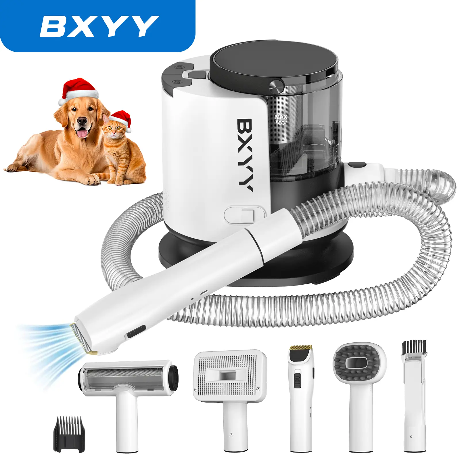 Dog grooming kit with vacuum suction removes 99% of pet hair. Includes a 1.5L dust cup, clippers, 5 grooming tools, and a brush. Ideal for pets!