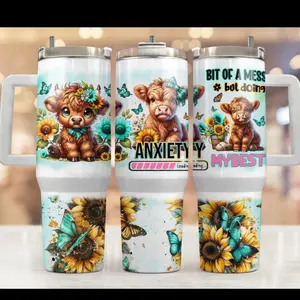 Highland Cow Anxiety Tumbler 40oz Stainless Steel Handmade Lid Straw Bottle Drinkware Water Bottles Cup Mug Portable Bottled Washable Reusable Insulated