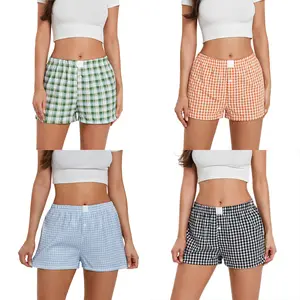Women's Summer Plaid Pajama Shorts Elastic Band Wide Leg Loose Fit Lounge Shorts Casual Cotton