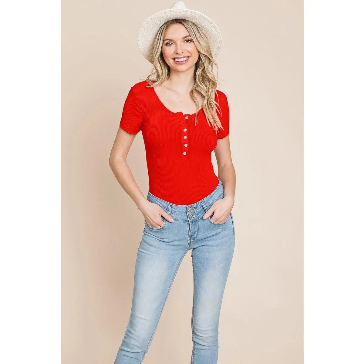 Short Sleeve Scoop Neck Ribbed Henley Bodysuit