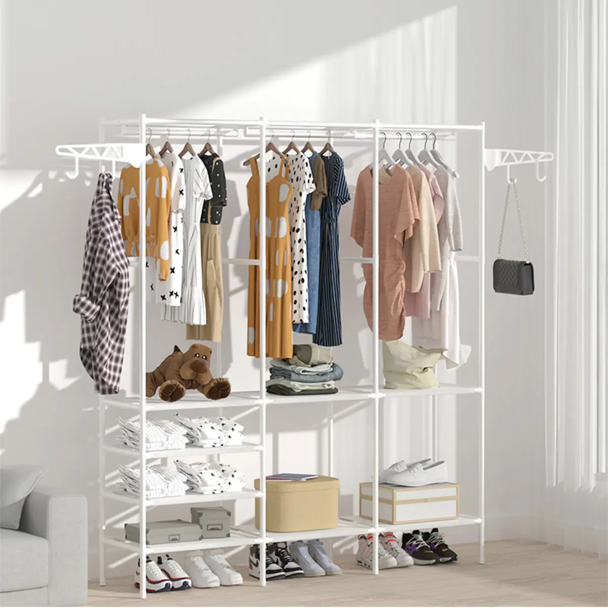 63-Inch Stainless Steel & Plastic Clothes Rack - Rust-Resistant, Heavy-Load, 3 Hanging Rods, Shelves, Shoe Storage, Accessory Holder for Teens, Seniors, Metal Wardrobe Closet Organizer