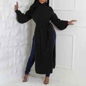 CHICME Cable Textured High Neck Lantern Sleeve Tied Detail Sweater/Tied Detail Textured Sweater Coat Casual Cinched Waist High Slit Knit Long Sweater Coat