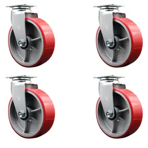 Service Caster SCC-20S620-PUB-RS-4 Swivel Top Plate Caster Set, Red - 6 in. by 2 in. Polyurethane on Cast Iron Wheel Ball Bearing