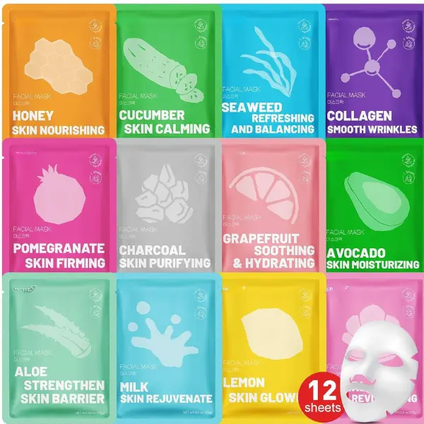 Fall Gift 12 Pack Collagen Hydrating Face Masks Skincare, Sheet Face Mask for All Skin Types, Facial Masks Set for Women Skin Care, Face Mask Bulk Spa Gifts for Women